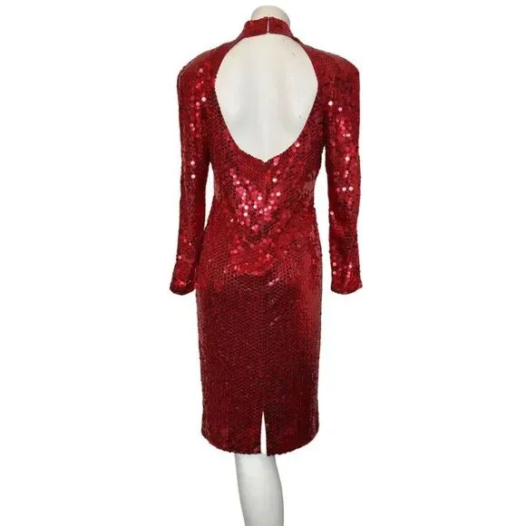 Vintage OLEG CASSINI 12 Open Back True Red Sequin Dress 80s 90s Mob Wife Large Dresses